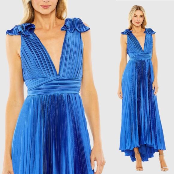 LEENA Mac Duggal Ruffle Top Sleeveless V Neck Pleated Gown Dress - Picture 14 of 14